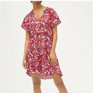 ANTHROPOLOGIE Robin Tiered Mini Short‎ sleeved Dress in raspberry